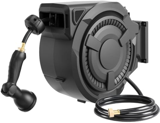 Retractable Garden Hose Reel 1/2 in x 100 ft, Heavy Duty Wall Mounted Hose Reel with 10- Function Sprayer Nozzle, Any Length Lock/Automatic Slow Return System/180°Swivel Bracket/UV Resistant (Black)